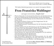 Traueranzeige Franziska Waldinger