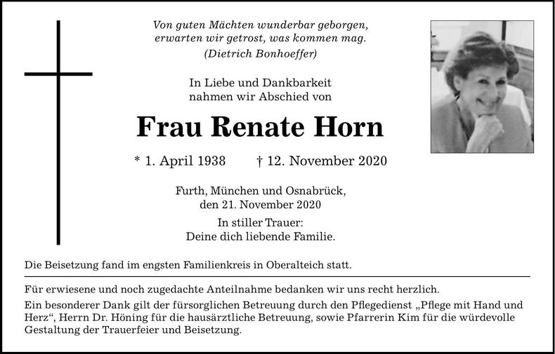 Traueranzeige Renate Horn