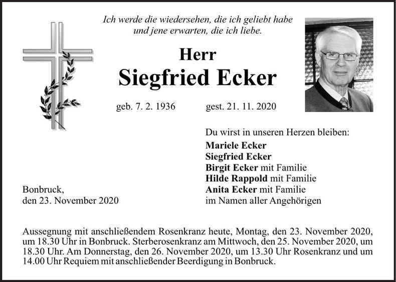 Traueranzeige Siegfried Ecker