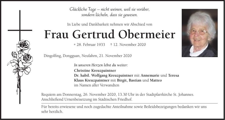 Traueranzeige Gertrud Obermeier