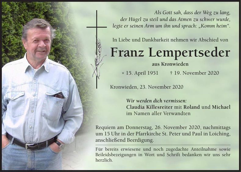 Traueranzeige Franz Lempertseder