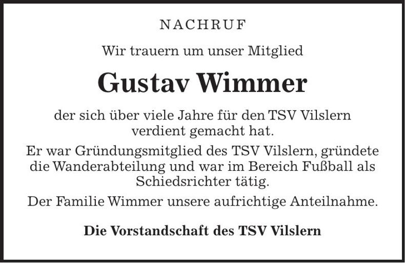 Traueranzeige Gustav Wimmer