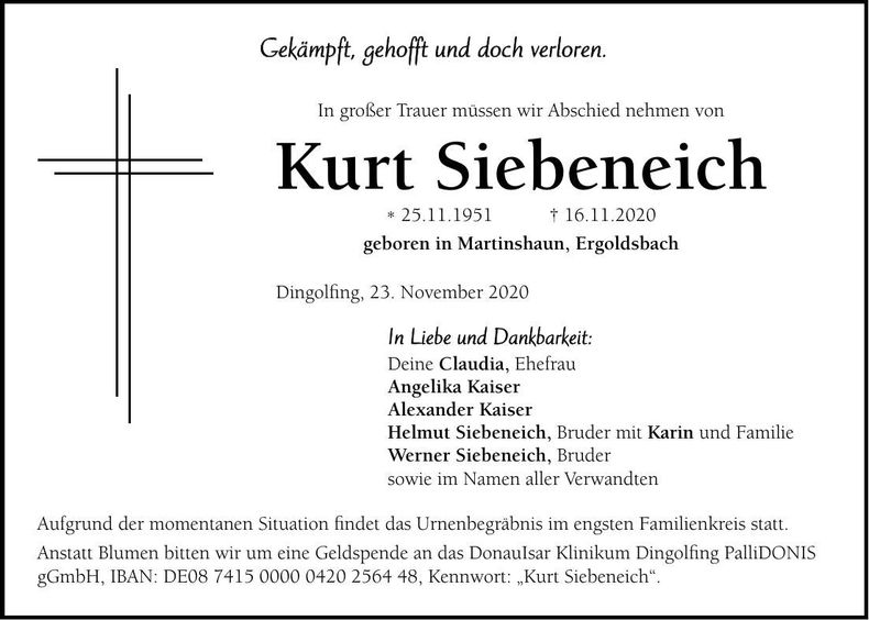 Traueranzeige Kurt Siebeneich
