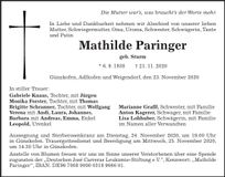 Traueranzeige Mathilde Paringer