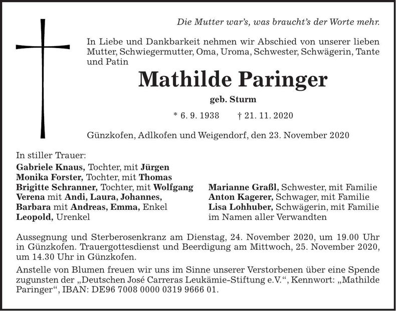 Traueranzeige Mathilde Paringer