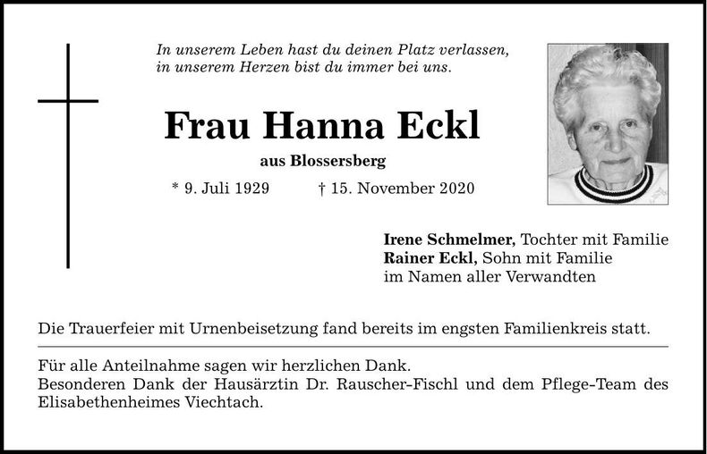 Traueranzeige Hanna Eckl