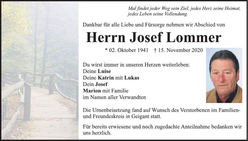 Traueranzeige Josef Lommer