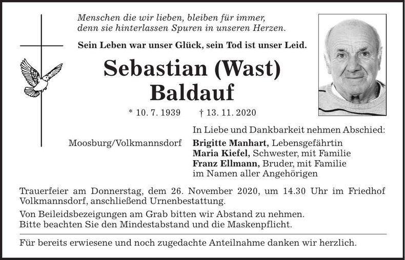 Traueranzeige Sebastian (Wast) Baldauf