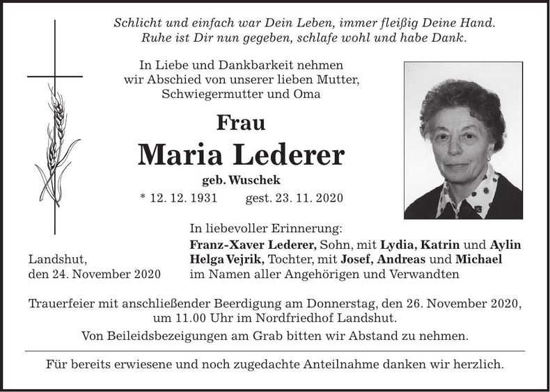 Traueranzeige Maria Lederer