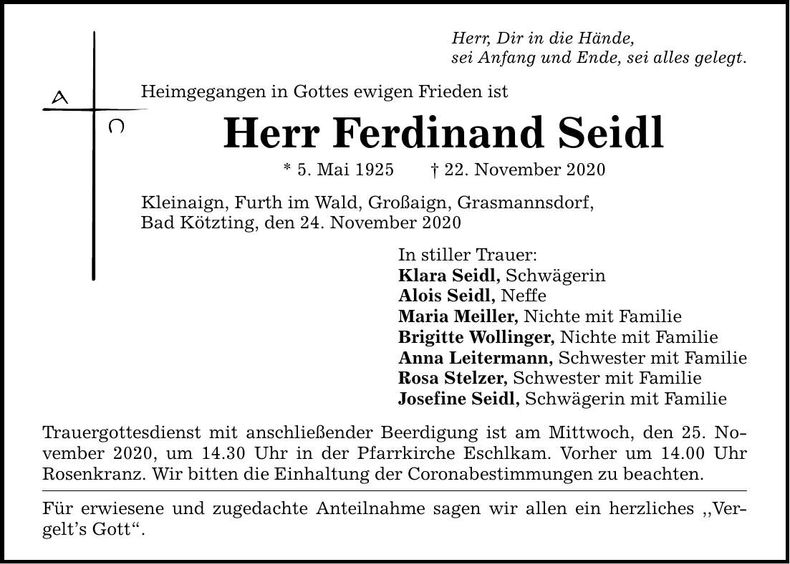 Traueranzeige Ferdinand Seidl