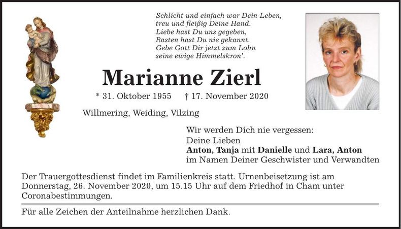 Traueranzeige Marianne Zierl