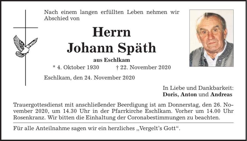 Traueranzeige Johann Späth
