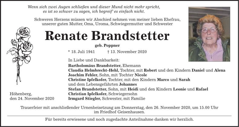 Traueranzeige Renate Brandstetter