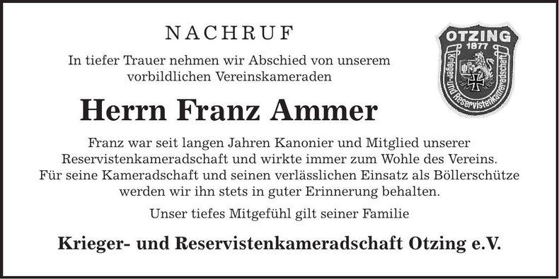 Traueranzeige Franz Ammer