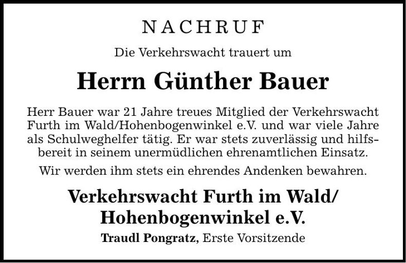 Traueranzeige Günther Bauer