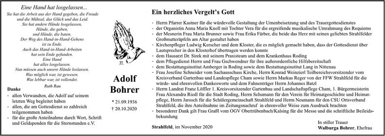 Traueranzeige Adolf Bohrer