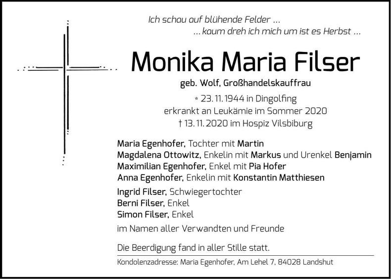 Traueranzeige Monika Maria Filser