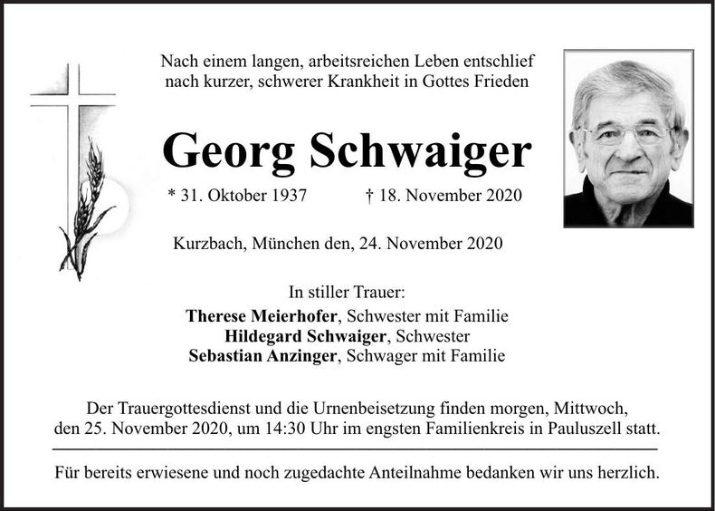 Traueranzeige Georg Schwaiger