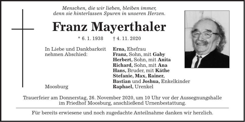 Traueranzeige Franz Mayerthaler