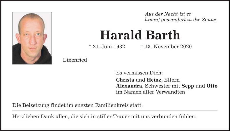 Traueranzeige Harald Barth