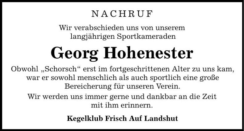Traueranzeige Georg Hohenester