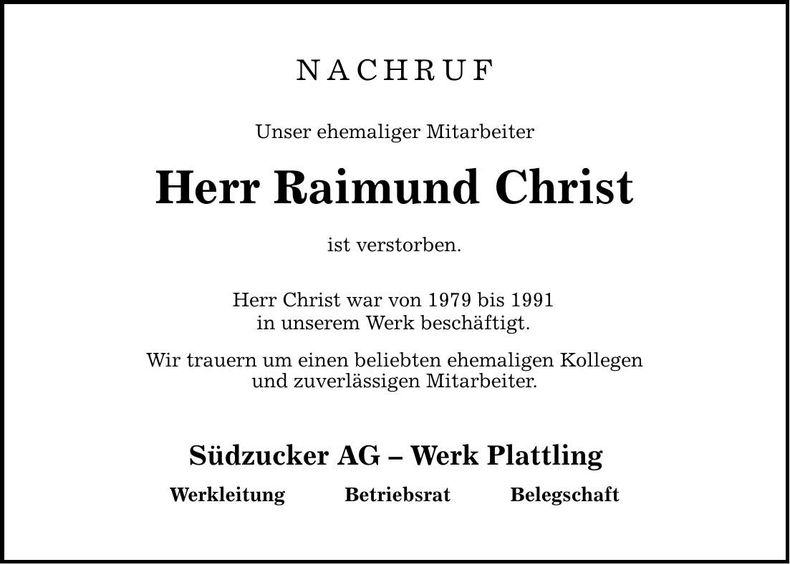 Traueranzeige Raimund Christ