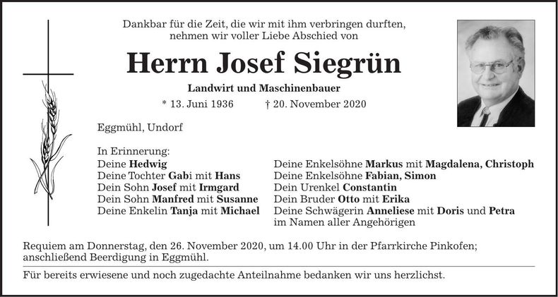 Traueranzeige Josef Siegrün