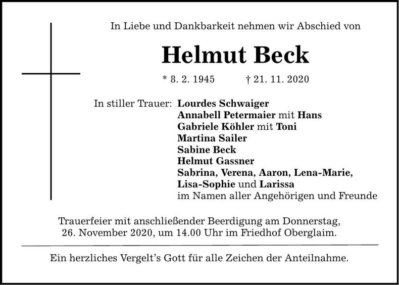 Traueranzeige Helmut Beck