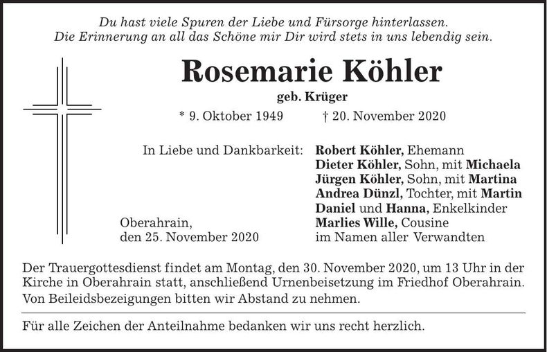Traueranzeige Rosemarie Köhler