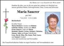 Traueranzeige Maria Sauerer