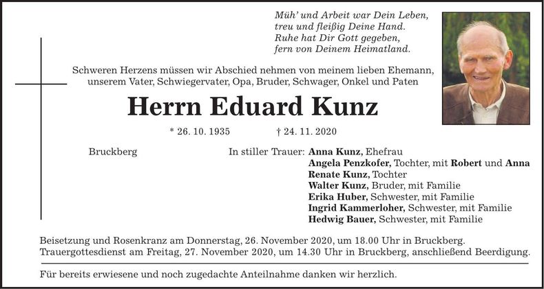 Traueranzeige Eduard Kunz