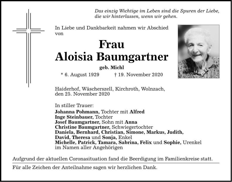 Traueranzeige Aloisia Baumgartner