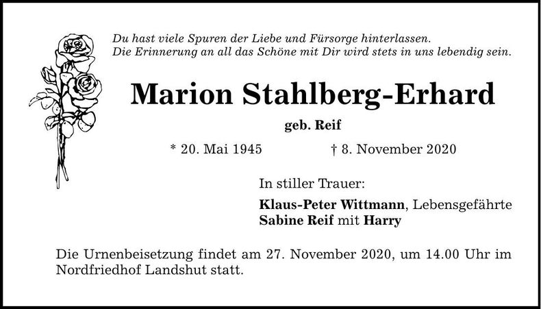 Traueranzeige Marion Stahlberg-Erhard