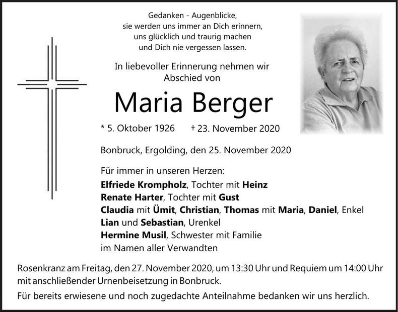 Traueranzeige Maria Berger