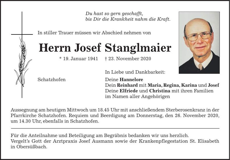 Traueranzeige Josef Stanglmaier