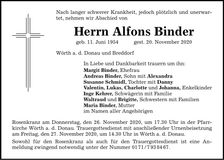 Traueranzeige Alfons Binder