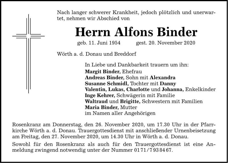 Traueranzeige Alfons Binder