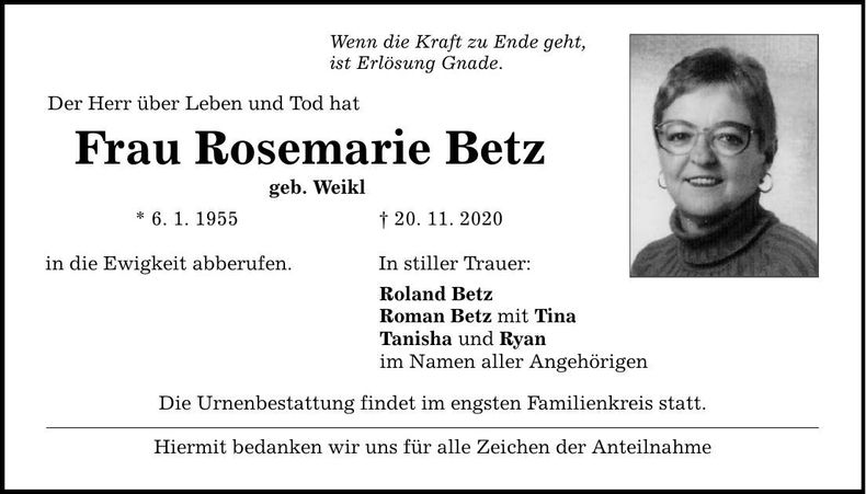 Traueranzeige Rosemarie Betz