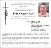 Traueranzeige Franz Xaver Karl