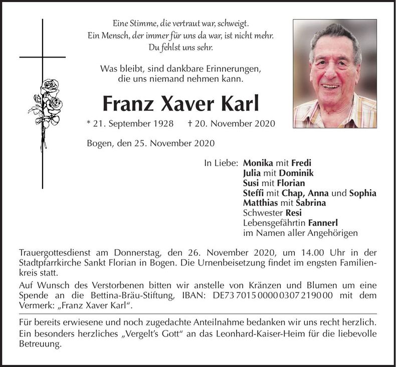Traueranzeige Franz Xaver Karl
