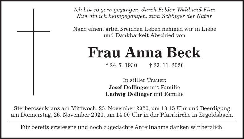 Traueranzeige Anna Beck