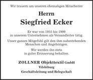 Traueranzeige Siegfried Ecker