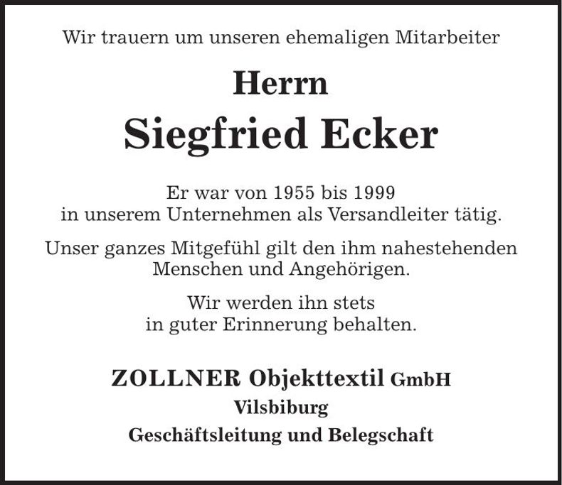 Traueranzeige Siegfried Ecker
