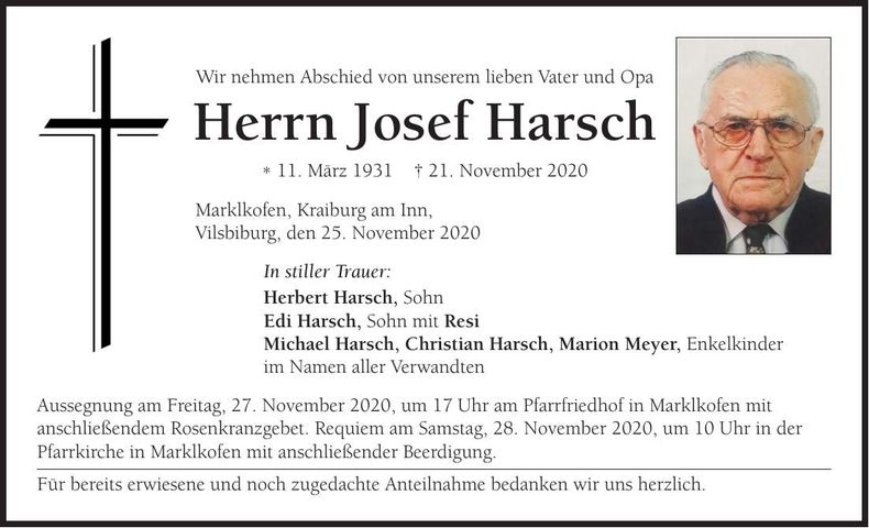 Traueranzeige Josef Harsch