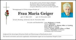 Traueranzeige Maria Geiger