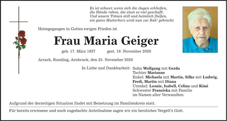 Traueranzeige Maria Geiger