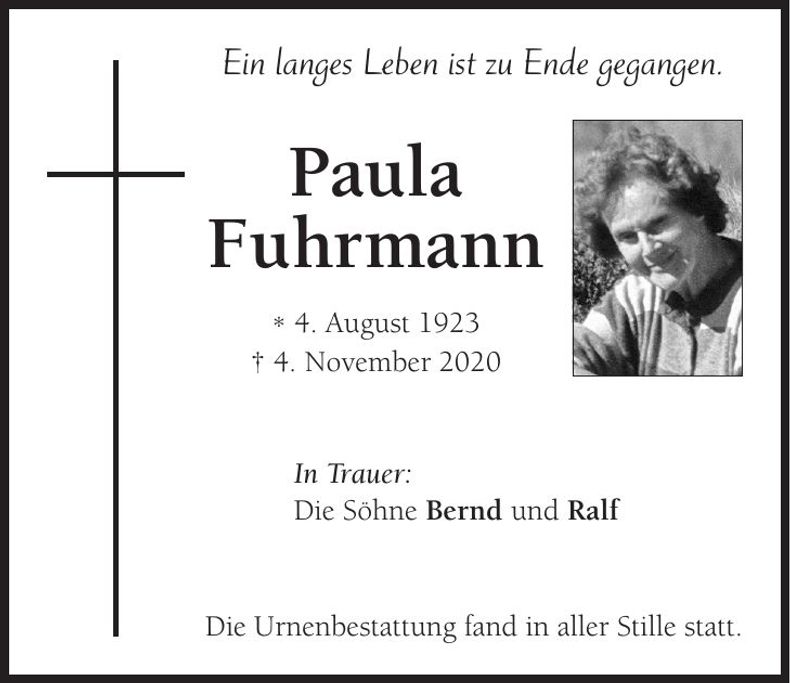 Traueranzeige Paula Fuhrmann