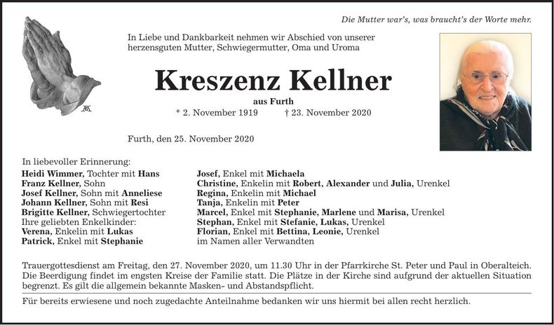 Traueranzeige Kreszenz Kellner