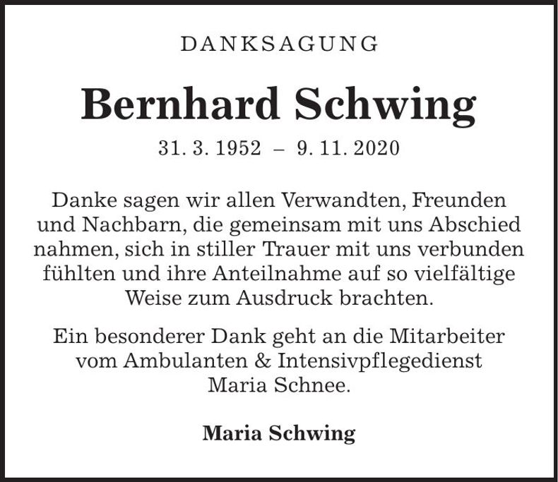 Traueranzeige Bernhard Schwing