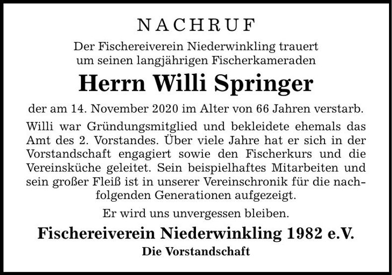 Traueranzeige Willi Springer